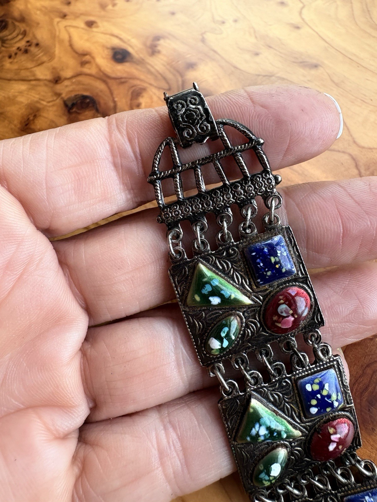 Vintage Enamel Panel Bracelet Blue Red Green Ceramic Boho Beauty!