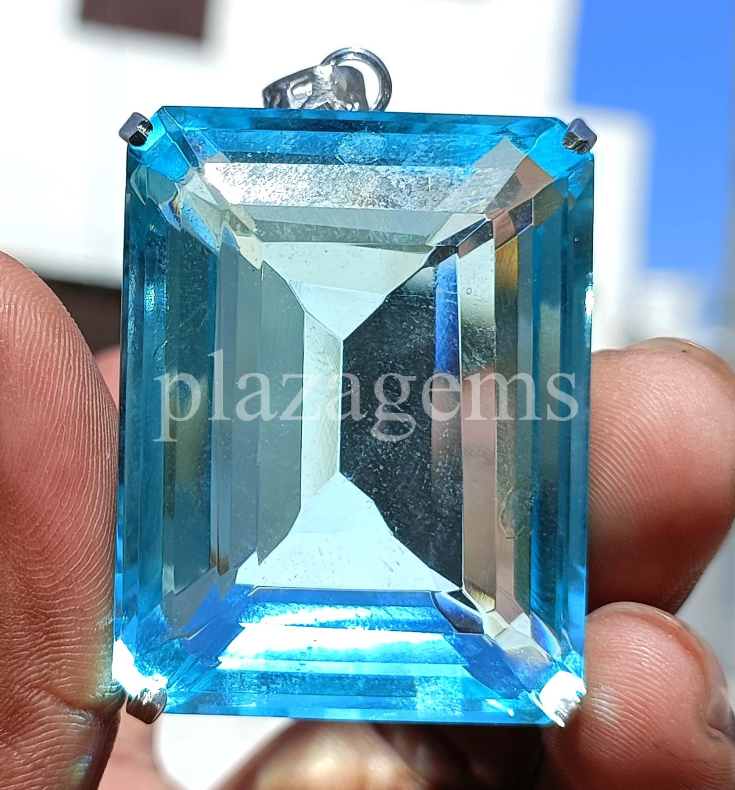 240 Ct Natural Sky-Blue Aquamarine Emerald Cut EGL Pendant 925 Silver Chain 6MGU