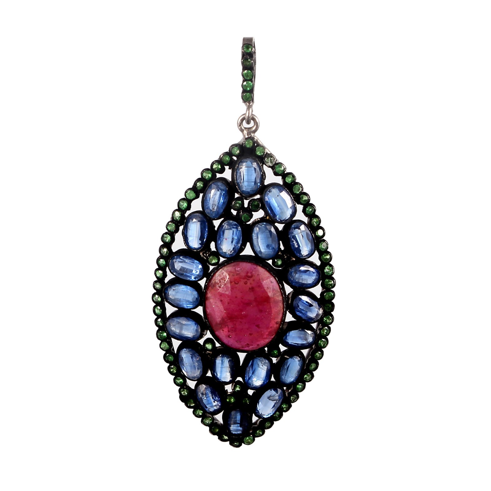 Natural Tsavorite, Kyanite & Ruby Pendant Necklace 925 Sterling Silver Handmade