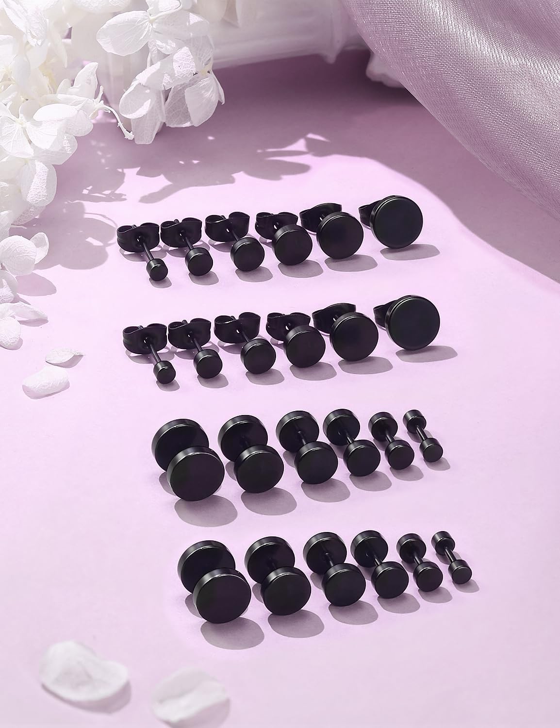 Prjndjw 12 Pairs 20G 18G Surgical Steel 3mm, 4mm, 5mm, 6mm, 7mm, 8mm, Black