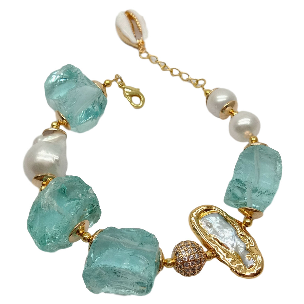 Cultured White Keshi Pearl Biwa Pearl Blue Glass Rough Bracelet 8″