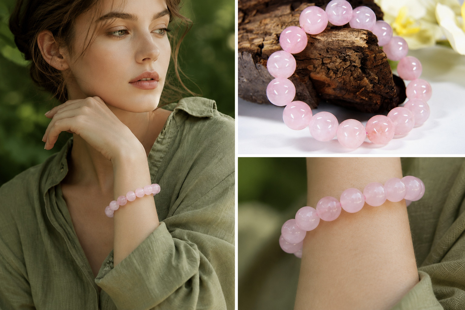 Healing Stone Bracelet from Gemstone Rose Quartz in Ball Shape Ø-10 mm