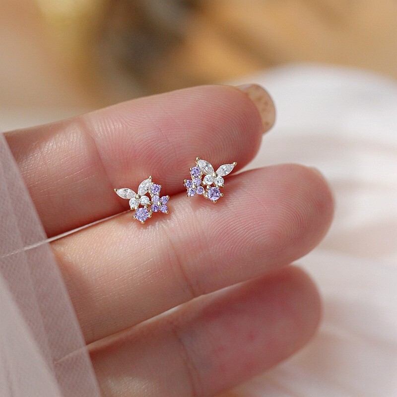 925 Sterling Silver Post Tiny Butterfly Purple CZ Stud Earrings 6mm Gift PE64