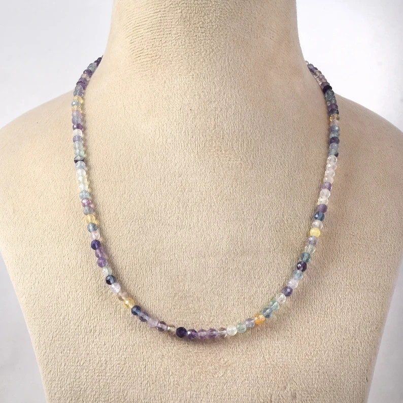 Natural Multicolor Fluorite Necklace 4mm Beaded Handmade 18″ 925 Sterling Silver