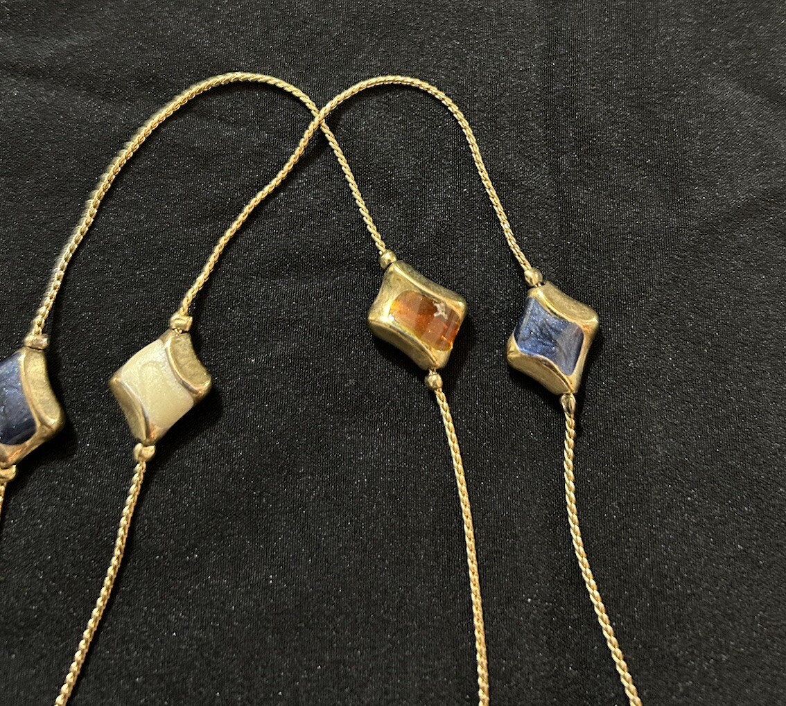 Long Station Necklace Gold Toned With Stone Beads Ivory Blue Brown MCM Style
