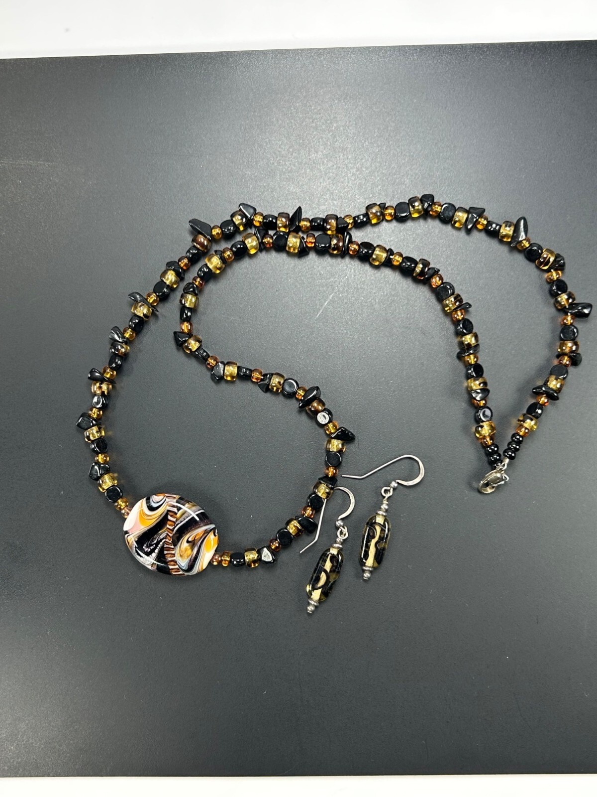 925 Glass Beaded Necklace Earrings Set Swirled Orange Amber Brown Black White