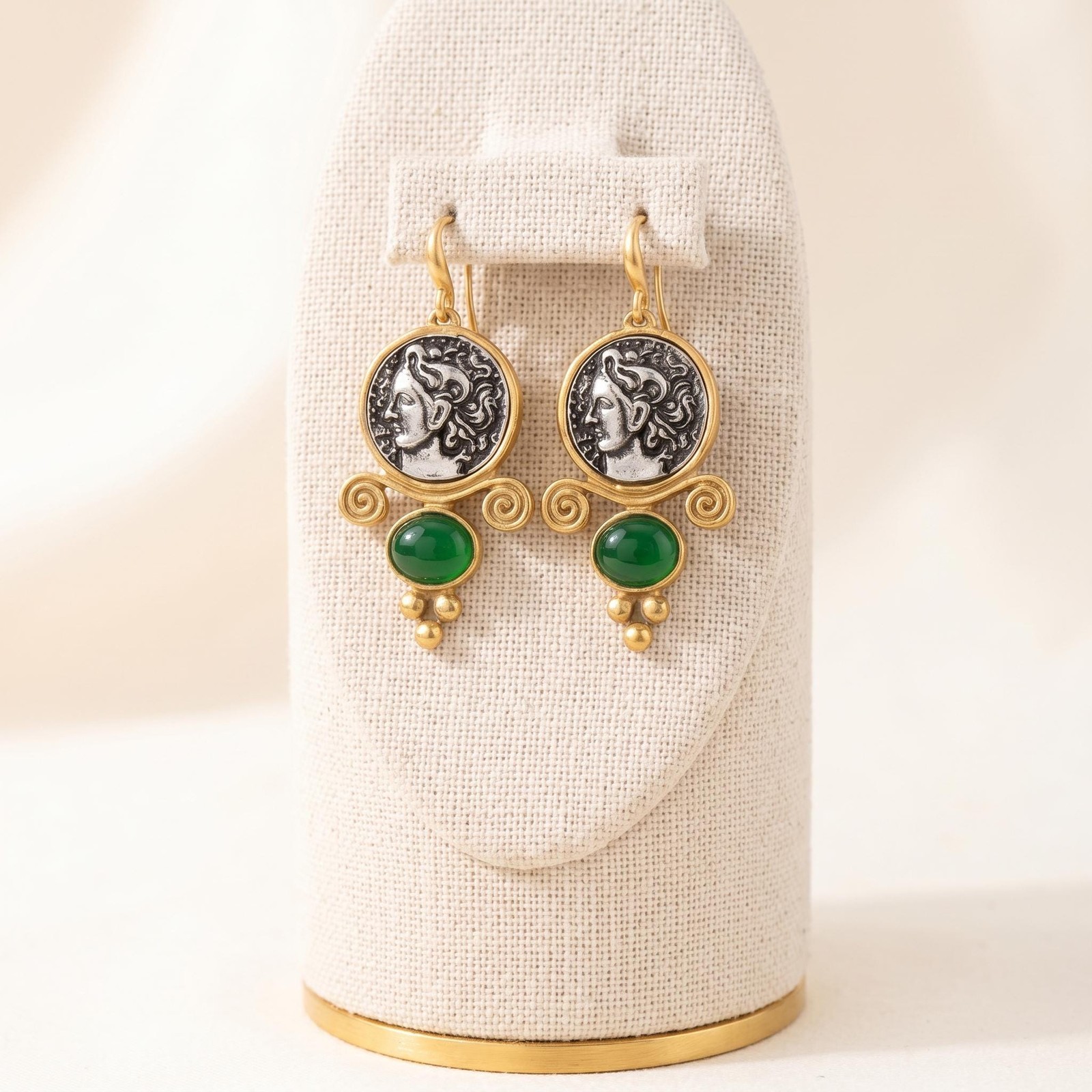 Roman Coin Drop Earrings Gold Antique Green Agate Vintage Portrait Dangle Hook
