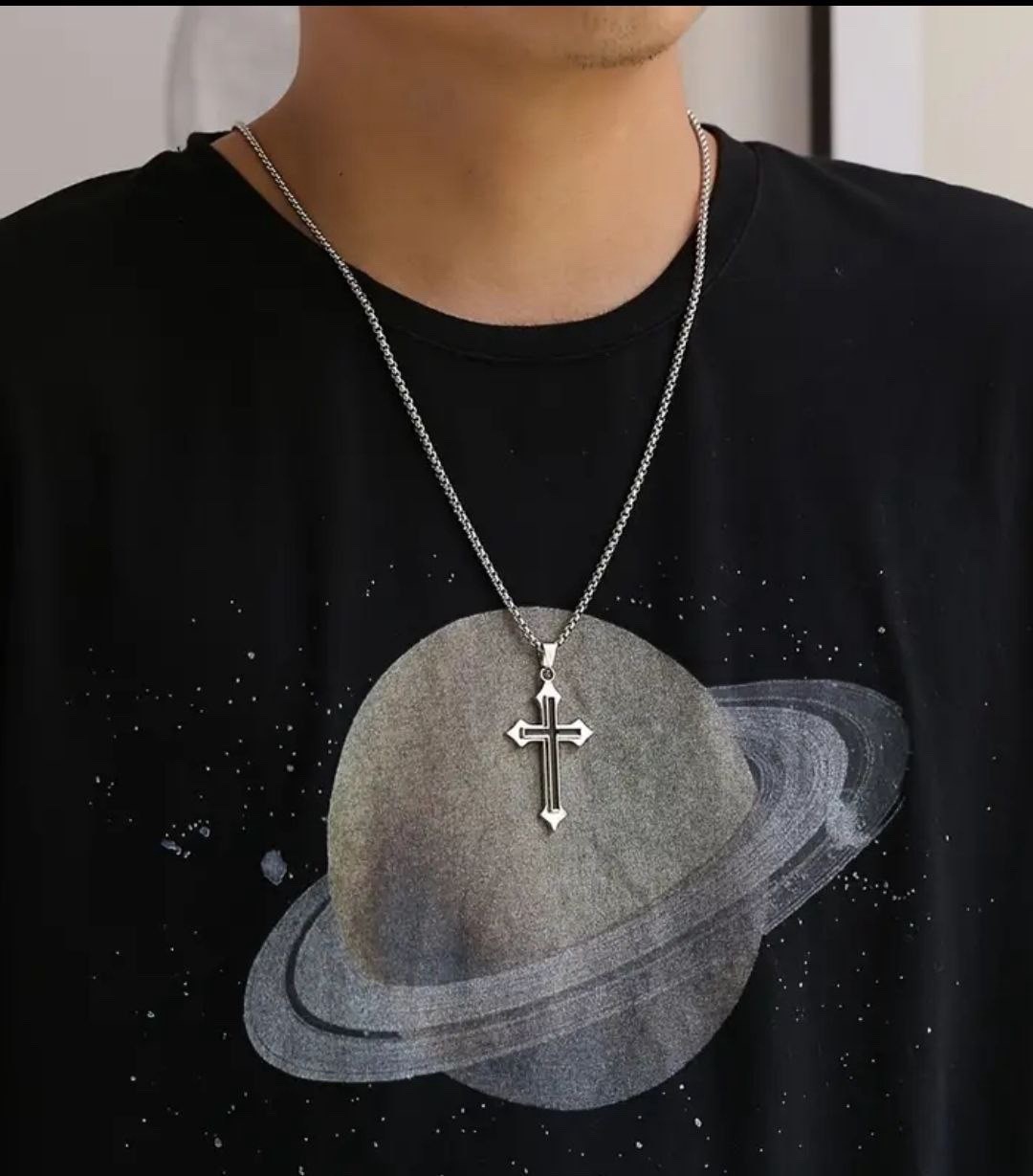 Men’s Stainless Steel Cross Pendant Necklace Silver Rope Chain 23.62in