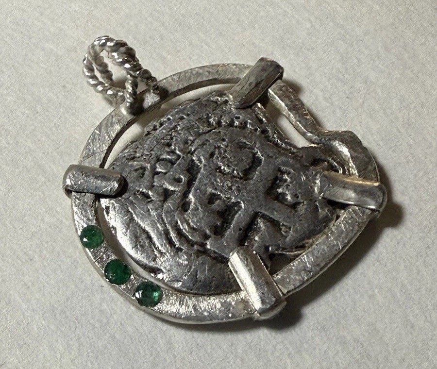 Authentic Spanish-Colonial 2-Reales Silver Shipwreck Cob Coin in Emerald Bezel