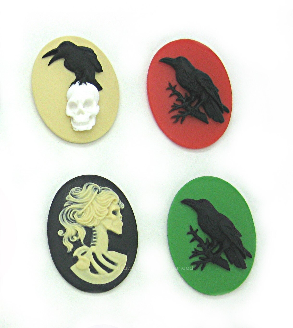 15 Multi Color BLACK BIRD CROW RAVEN & SKULLS 40mm x 30mm GOTH EMO CAMEOS Lot