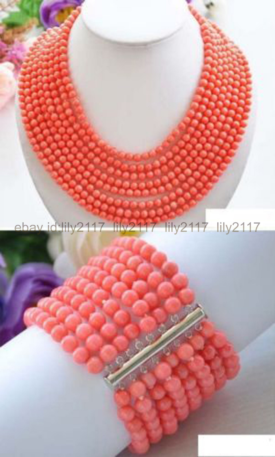 17-24 Inch Real Narutal 8 Rows 6MM Pink Coral Round Gems Necklace Bracelet Set