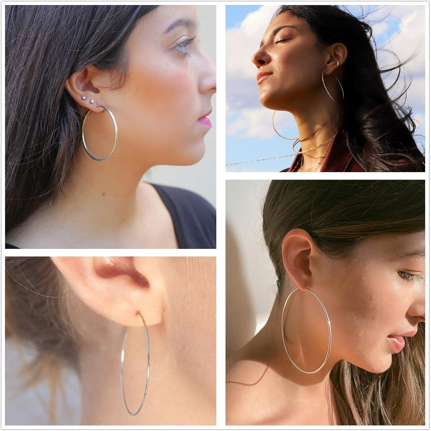 3 Pairs Sterling Silver Hoop Earrings, 14K White Gold Plated Big Hoop Earrings S