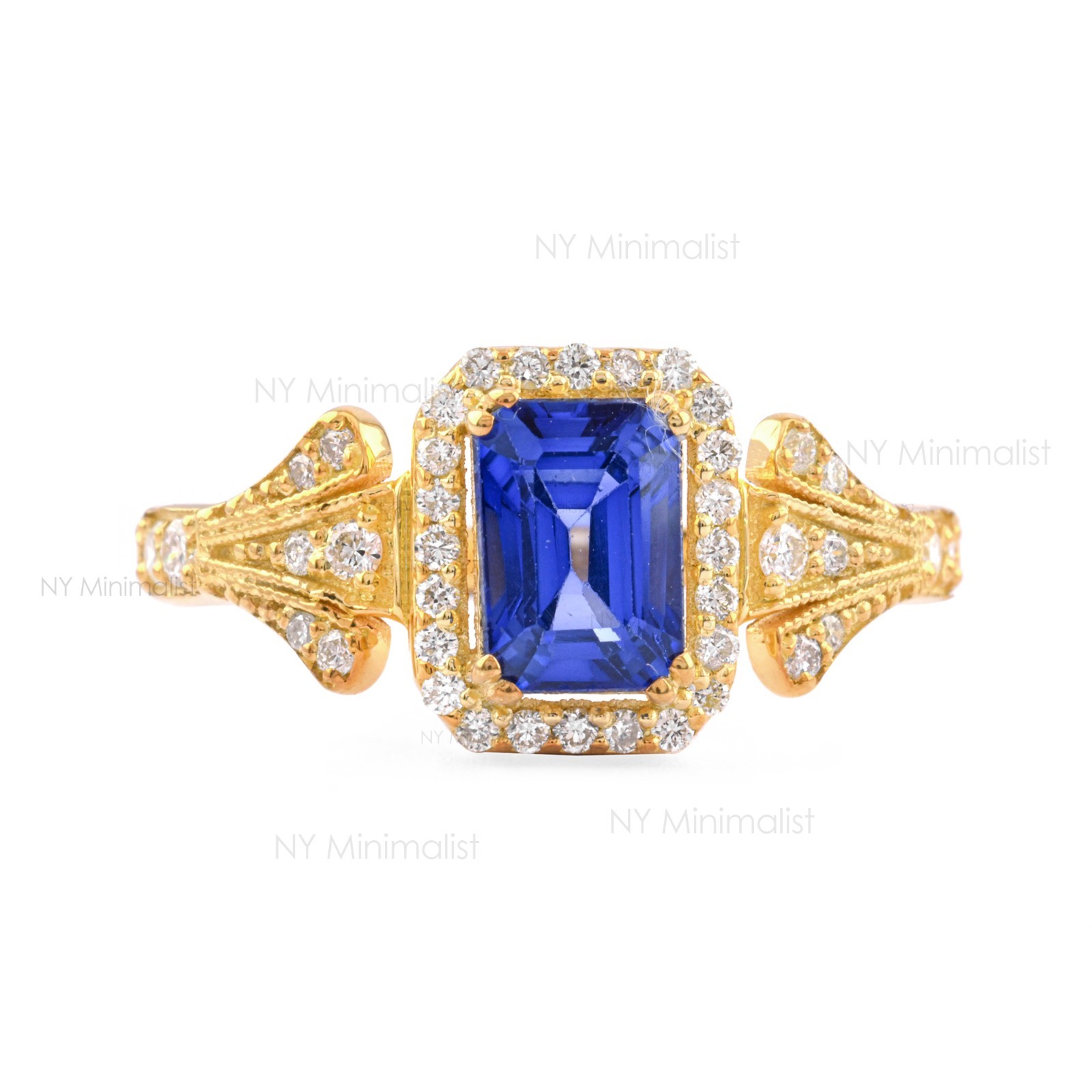14K Solid Gold Natural Emerald Cut Diffused Blue Sapphire & Diamond Halo Ring