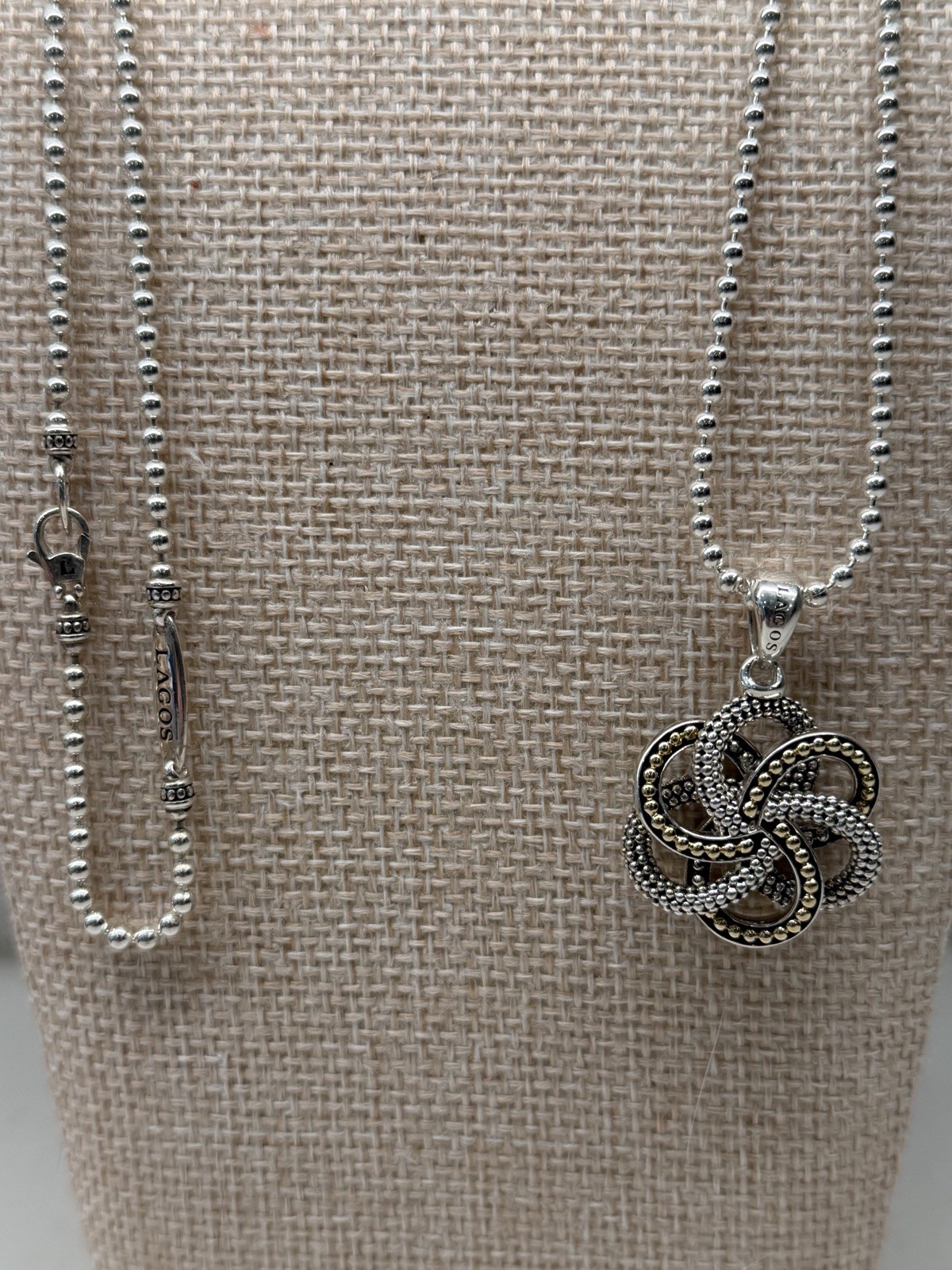 LAGOS LARGE LOVE KNOT TWO-TONE SILVER 18K GOLD PENDANT NECKLACE
