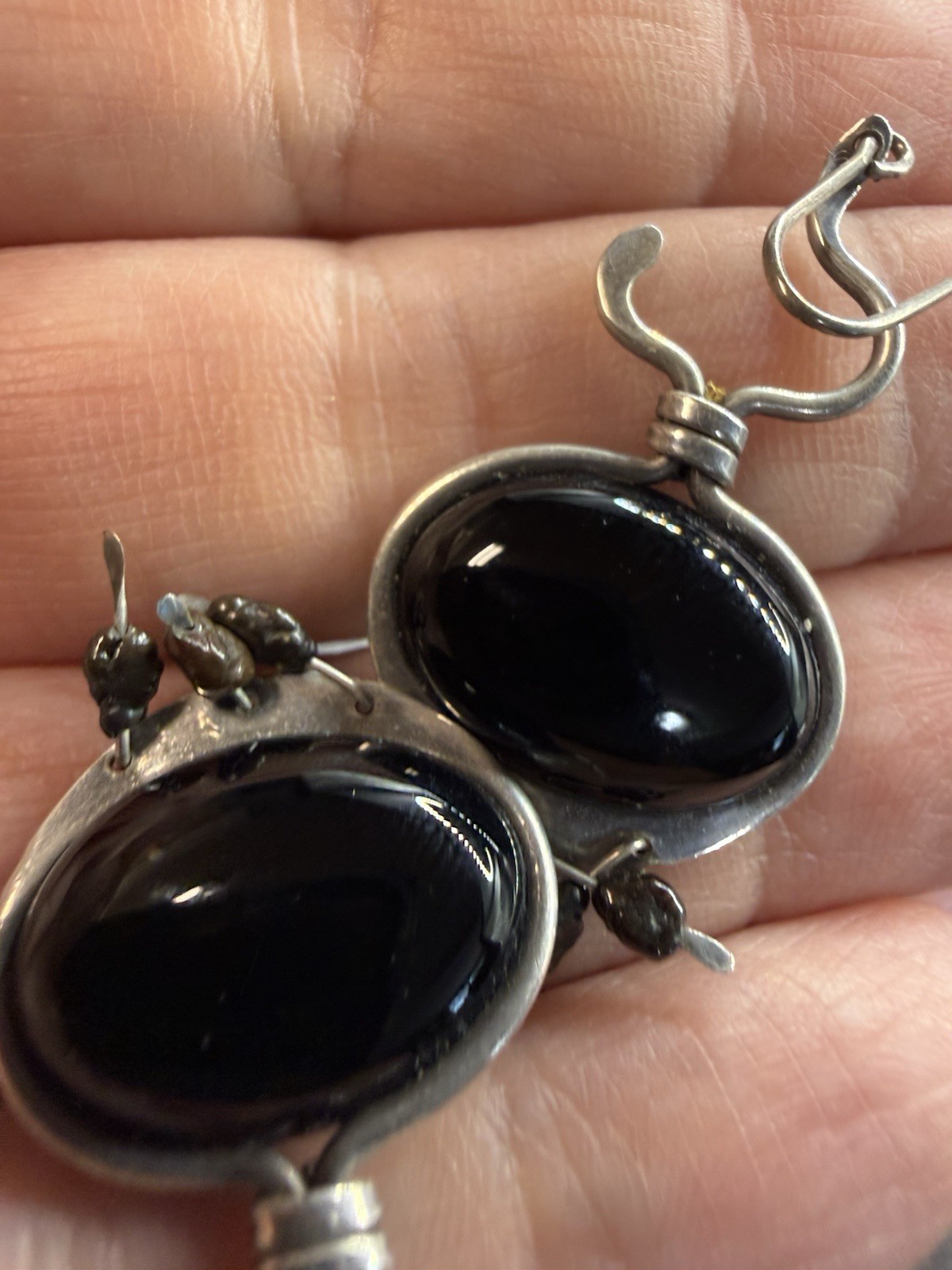 Black Onyx Dangle Ellipse Cabochon Silver Drop Earrings