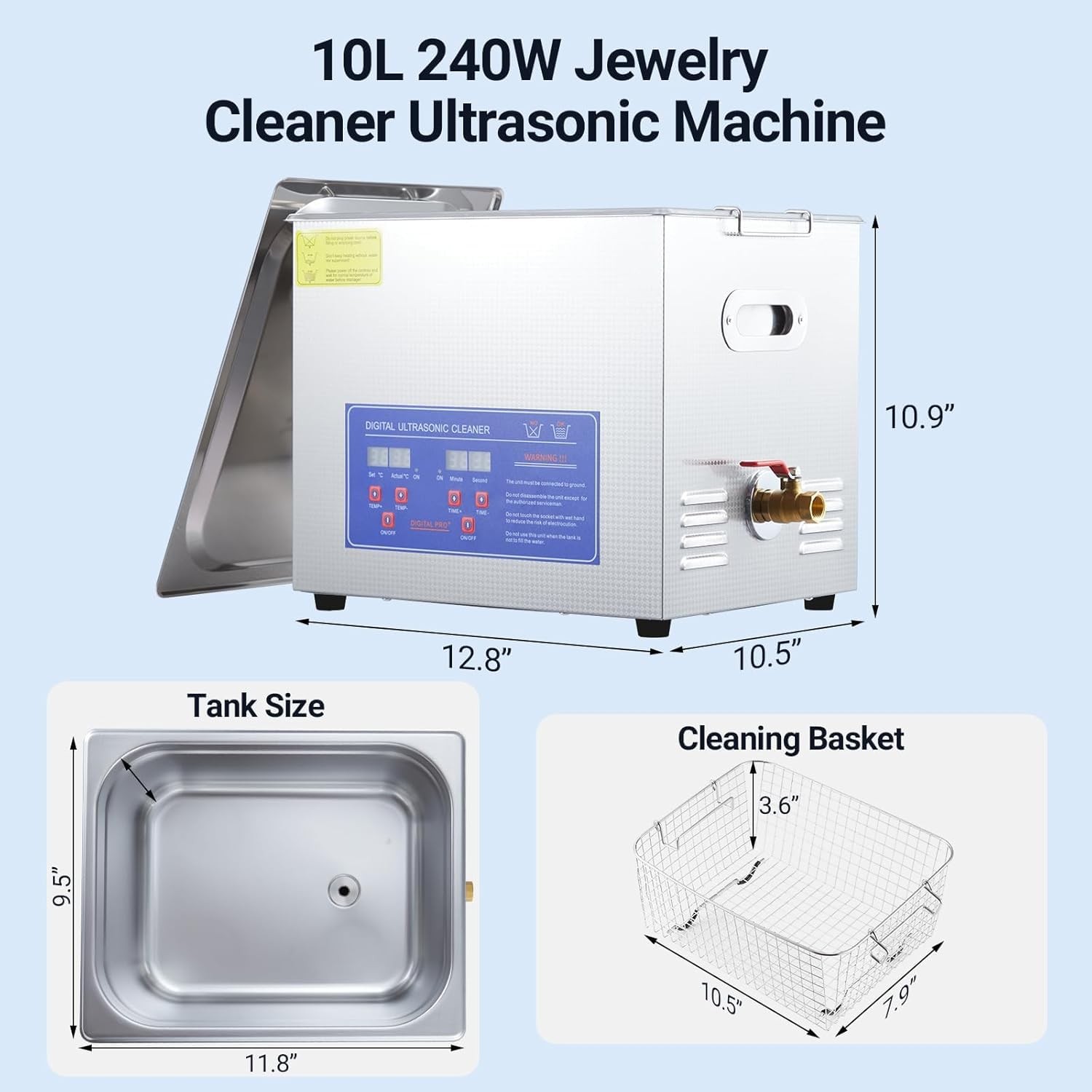 10L Digital Ultrasonic Cleaner with Timer & Heater，40kHz 240W Cleaning System…