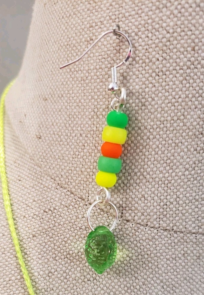 Handmade Citrus Fruit Glass Bead Necklace & Earrings Set Lime Green Cord 21-24″