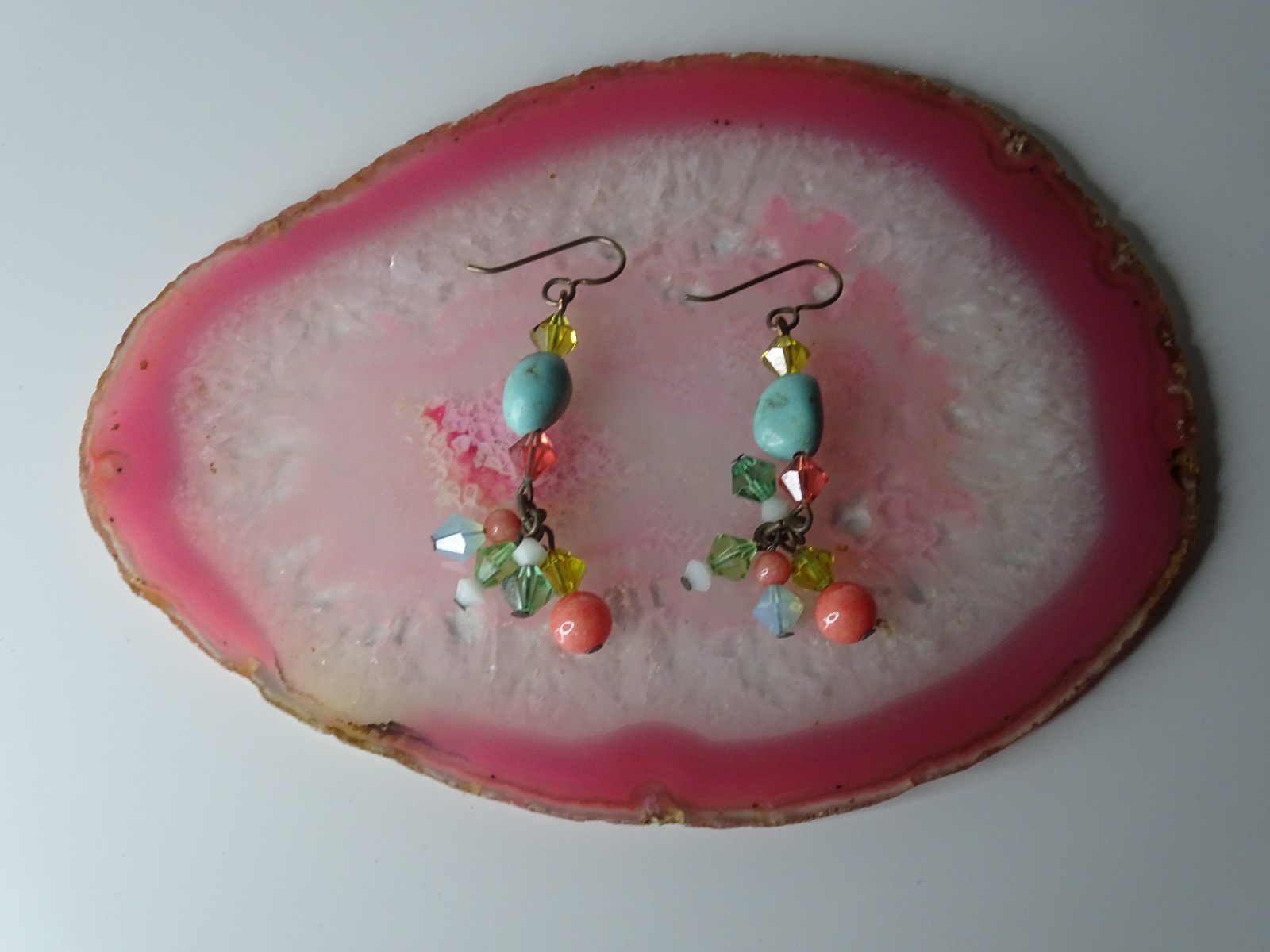 Vibrant Southwestern Turquoise & Red Coral Beaded Dangle Hook Earrings 7.83g
