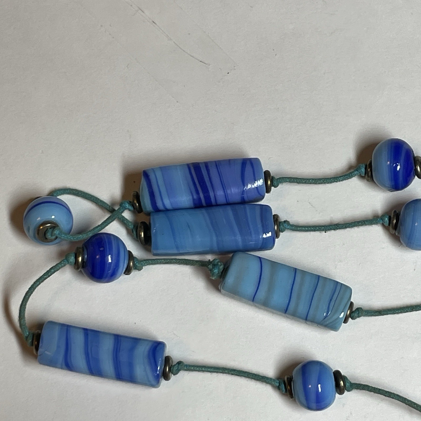 Vintage Handmade Artisan Light Blue & Navy Glass Bead Necklace – Approx 20″