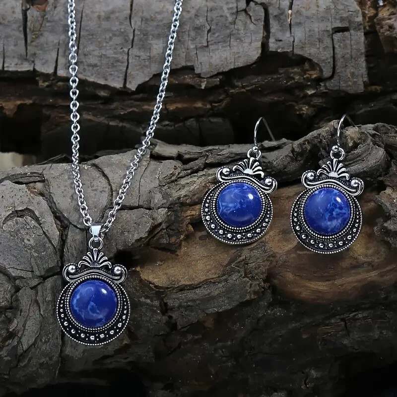 3pcs Earrings Plus Necklace Boho Style Jewelry Set Inlaid Natural Stone Delicate