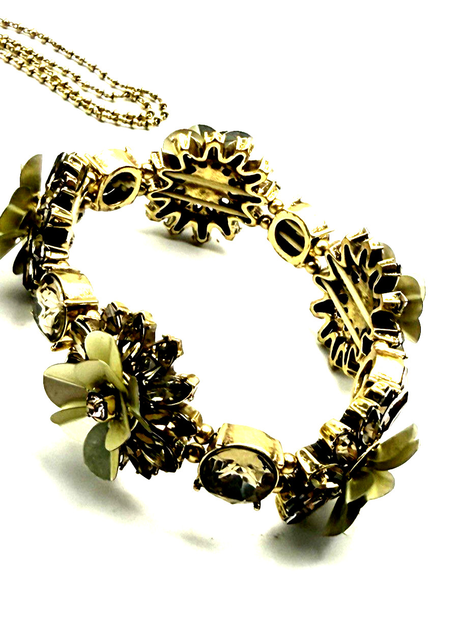 Ann Taylor 36″ Antique Gold Tone Sage Green Flower Pendant Necklace/Bracelet Set