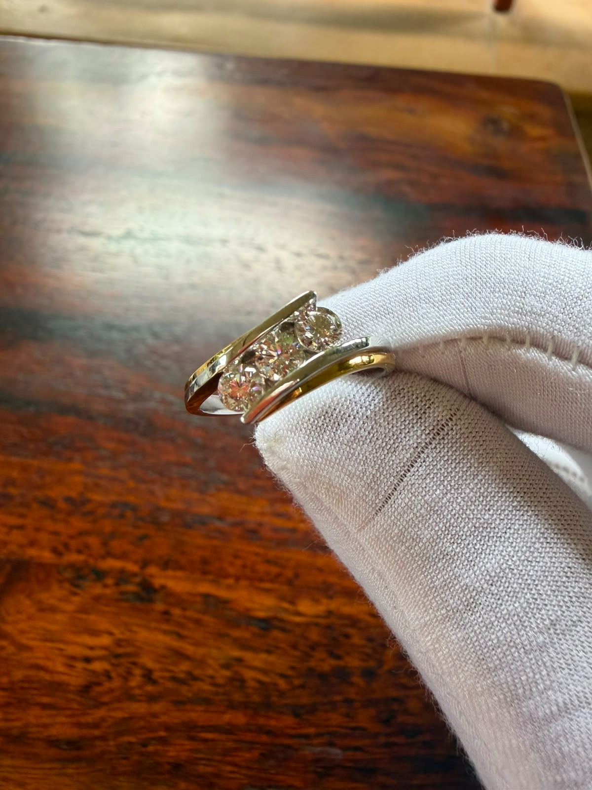 0.57 Carat Three Stone Lab Grown Diamond Channel Bypass Ring – 14K Two Tone Gold