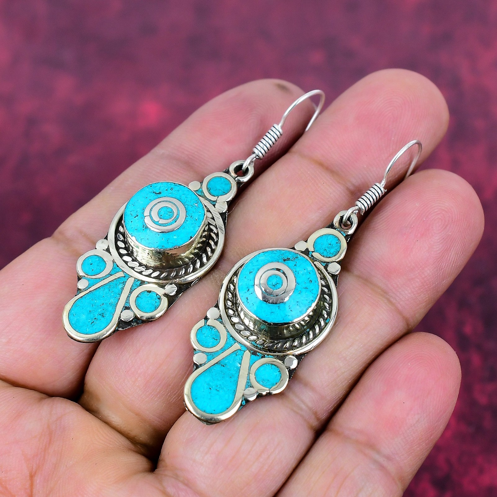 Turquoise Gemstone Handmade 925 Sterling Silver Tribal Earrings Nepali Jewelry