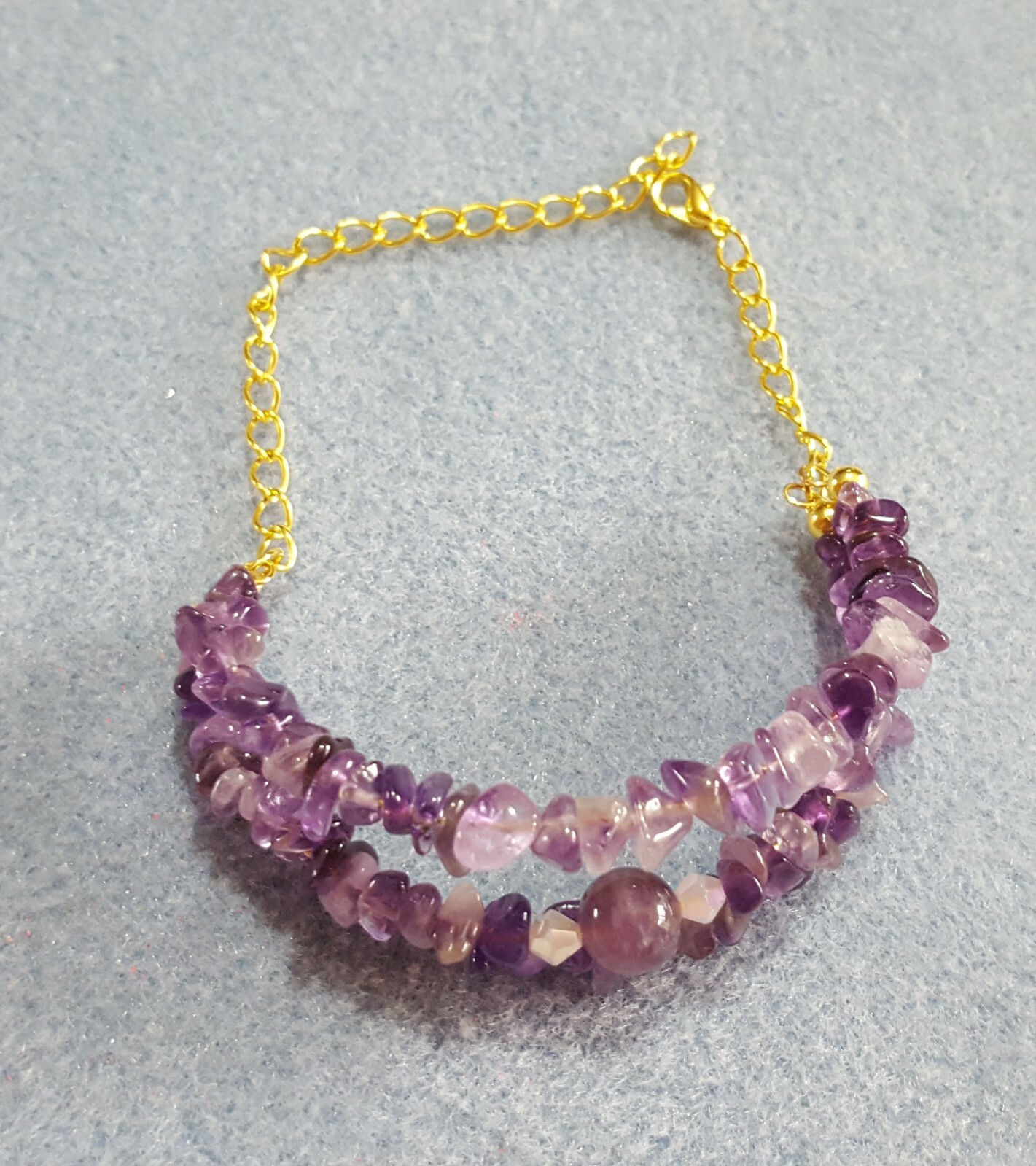 Genuine Amethyst gemstone 3 row gold plated bracelet 7-10 inches long