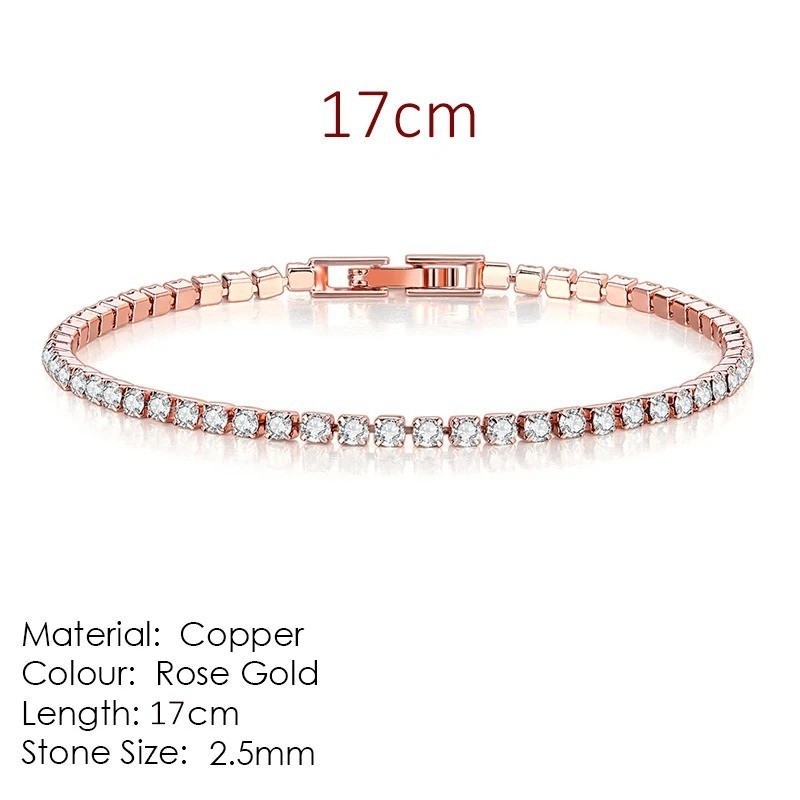 2.5mm AAA+ Cubic Zirconia Tennis Bracelet 17cm Rose Gold Silver Plated Women