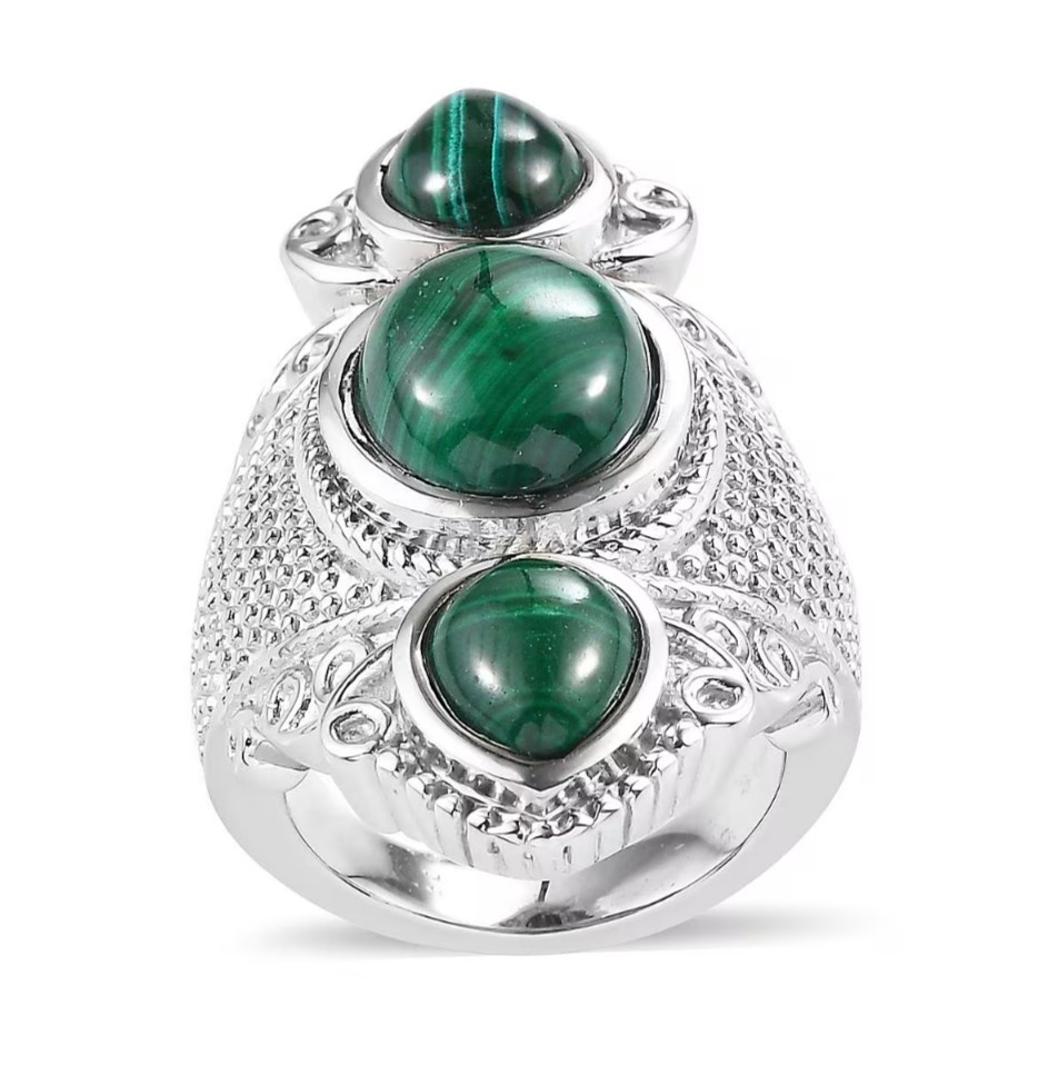 African Malachite 3 Stone Size 7 Ring in Luxury Stainless Steel 12.30 Ctw (316L)