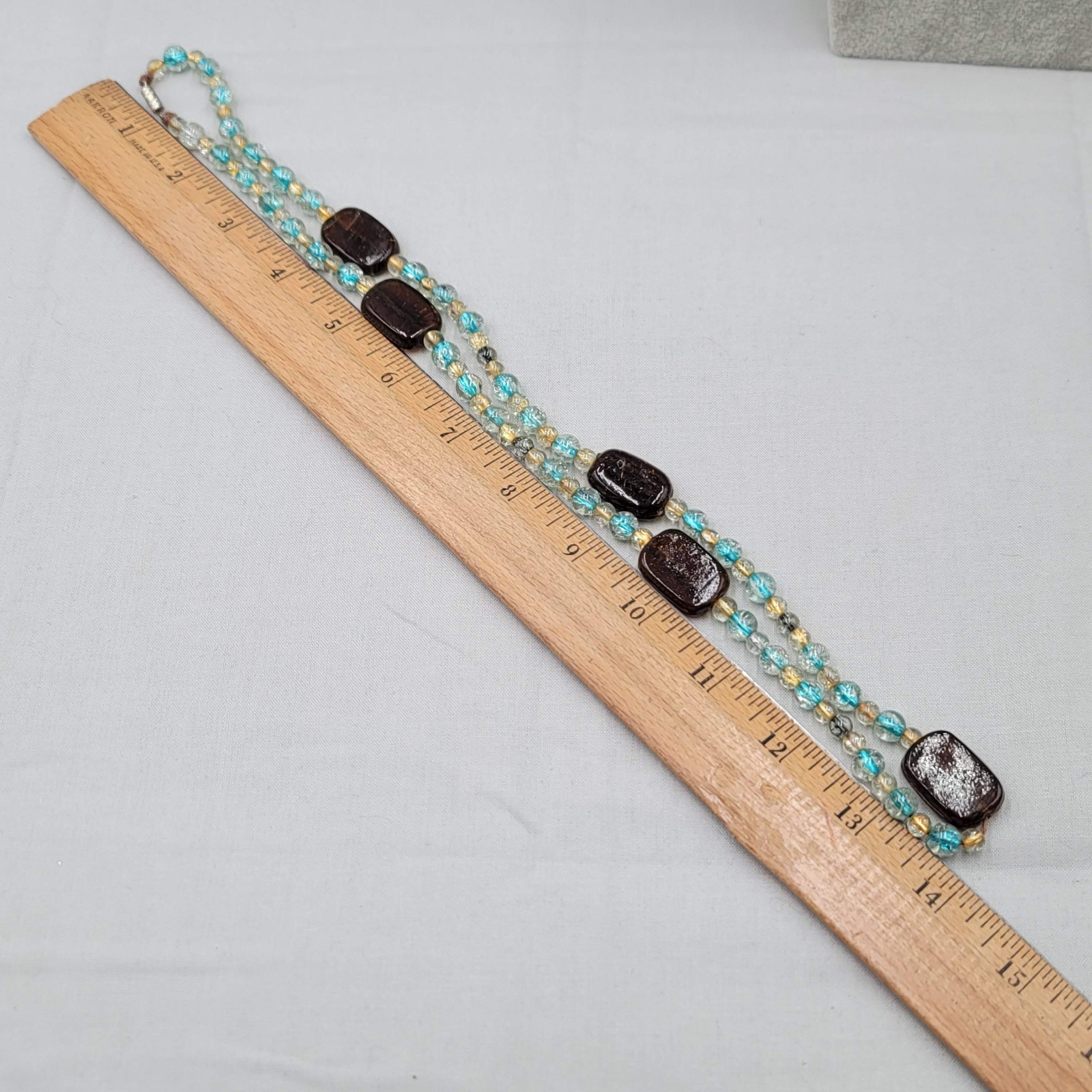 Artisan Brown Yellow Blue Glass Bead Necklace 28 in