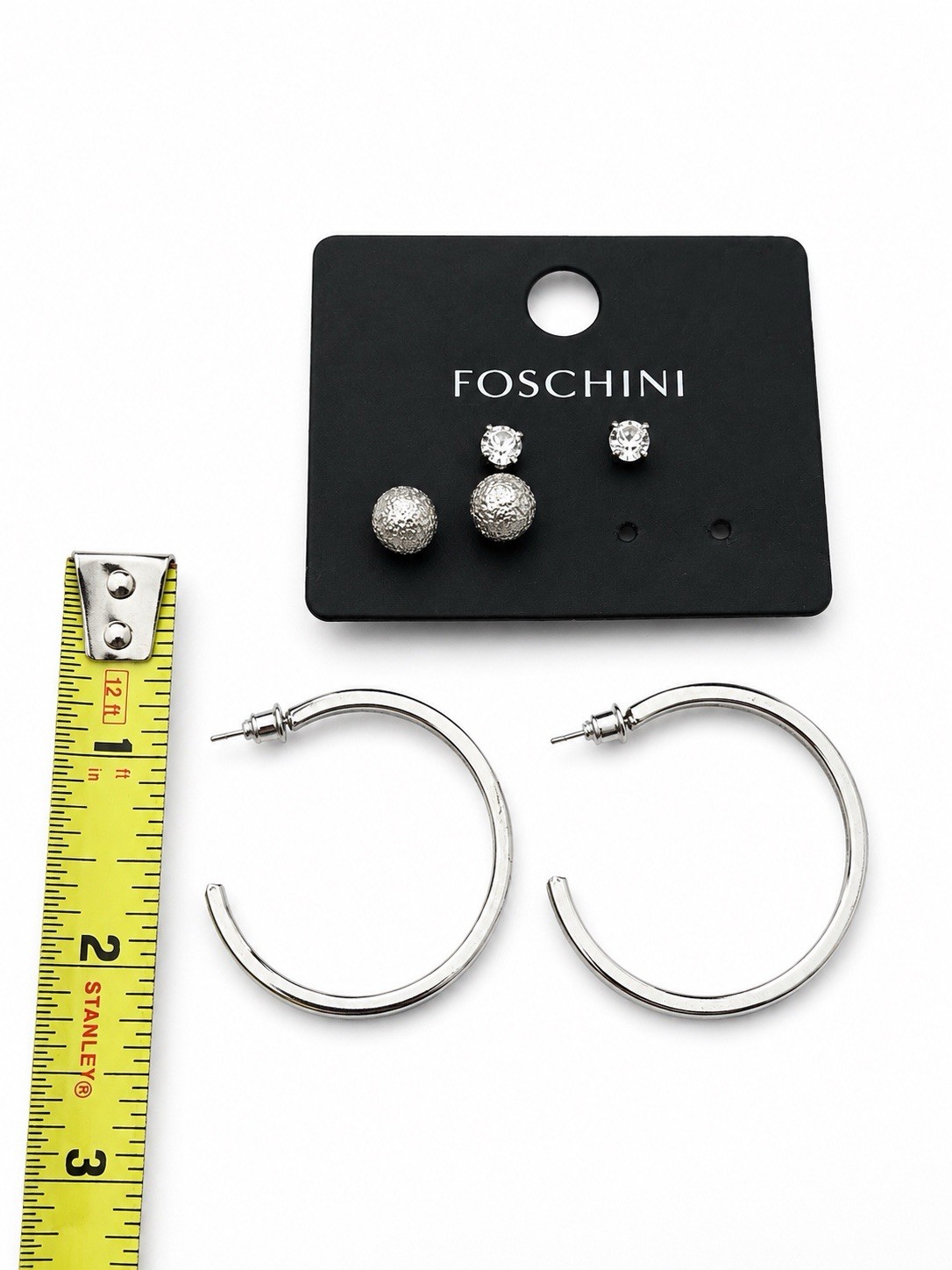 3 Pair Silver Tone Earrings Set Hoop Stud Textured Ball Gift Box Included