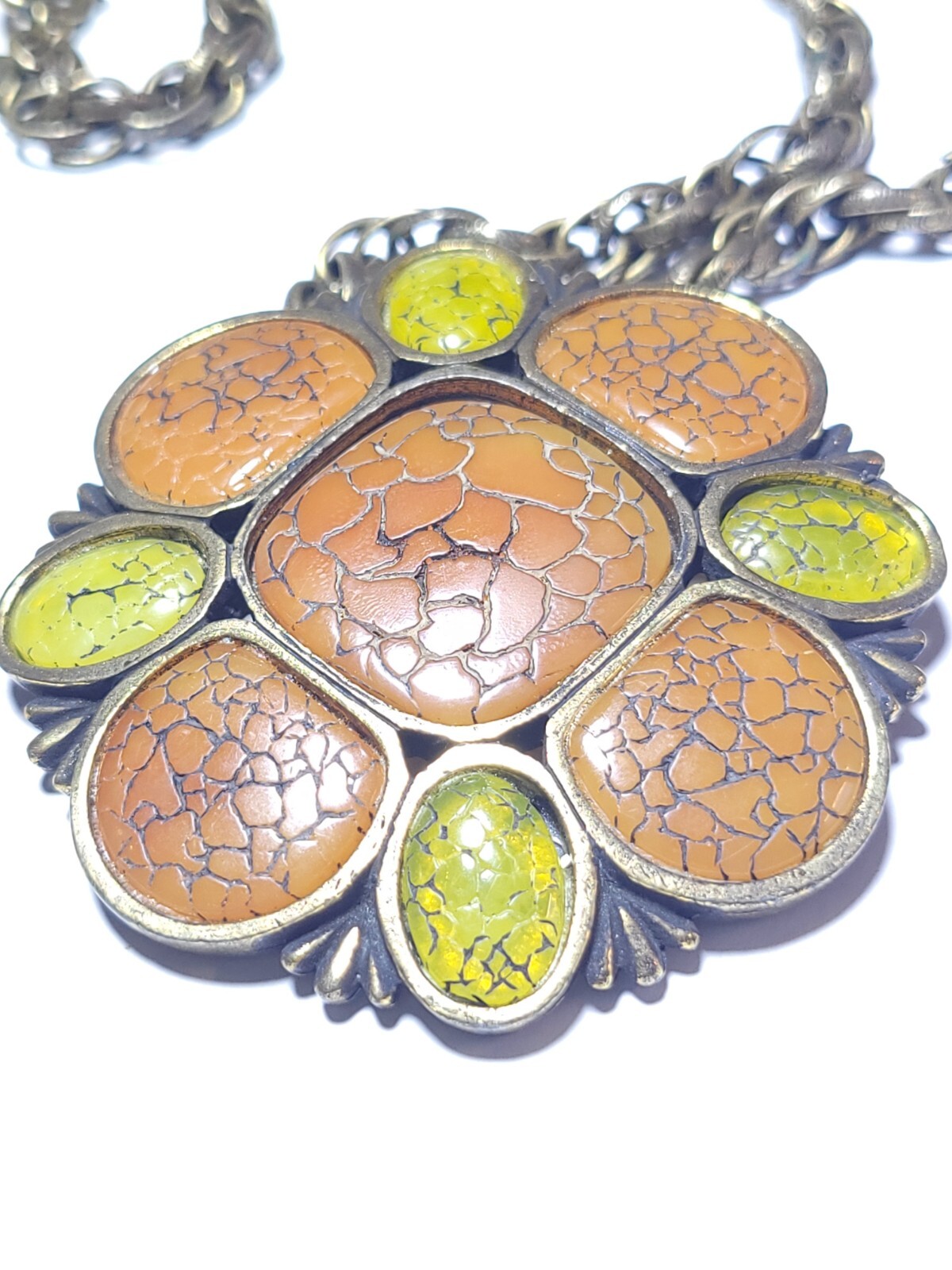 Hobé Vintage Necklace Orange Lime Green Thermoplastic Amulet Pendant 16″ Chain