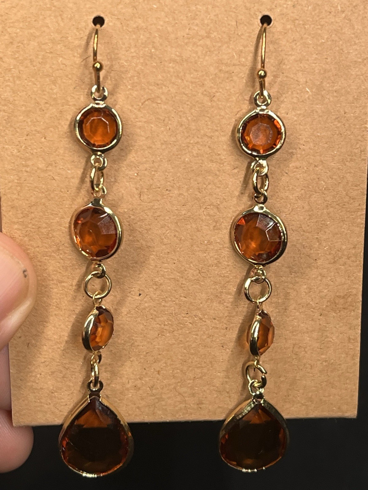 GOLD TONE FAUX CITRINE DANGLE EARRINGS 3.5”