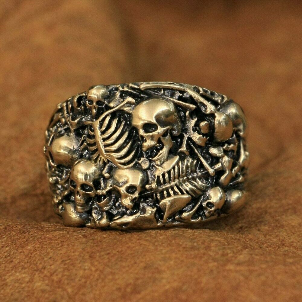 LINSION Rings Brass Skulls Grave Ring Mens Punk Jewelry BR257D US Size 7~15