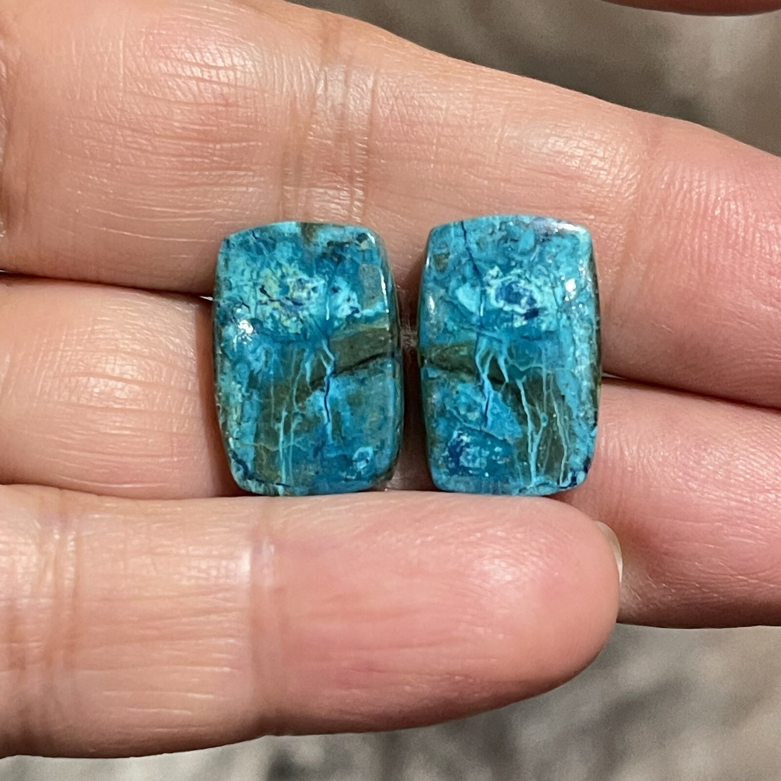 19.6ct 14.3×11.5×4.3mm Pair Of Rare Blue Shattuckite Rectangle Cabochons Gems