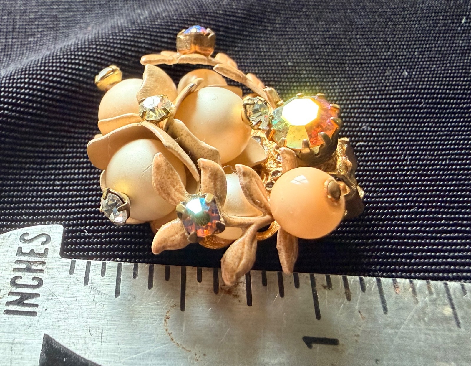 Unsigned Gold Tone Floral Brooch & Clip-On Earrings Set • Aurora/AB Rhinestones