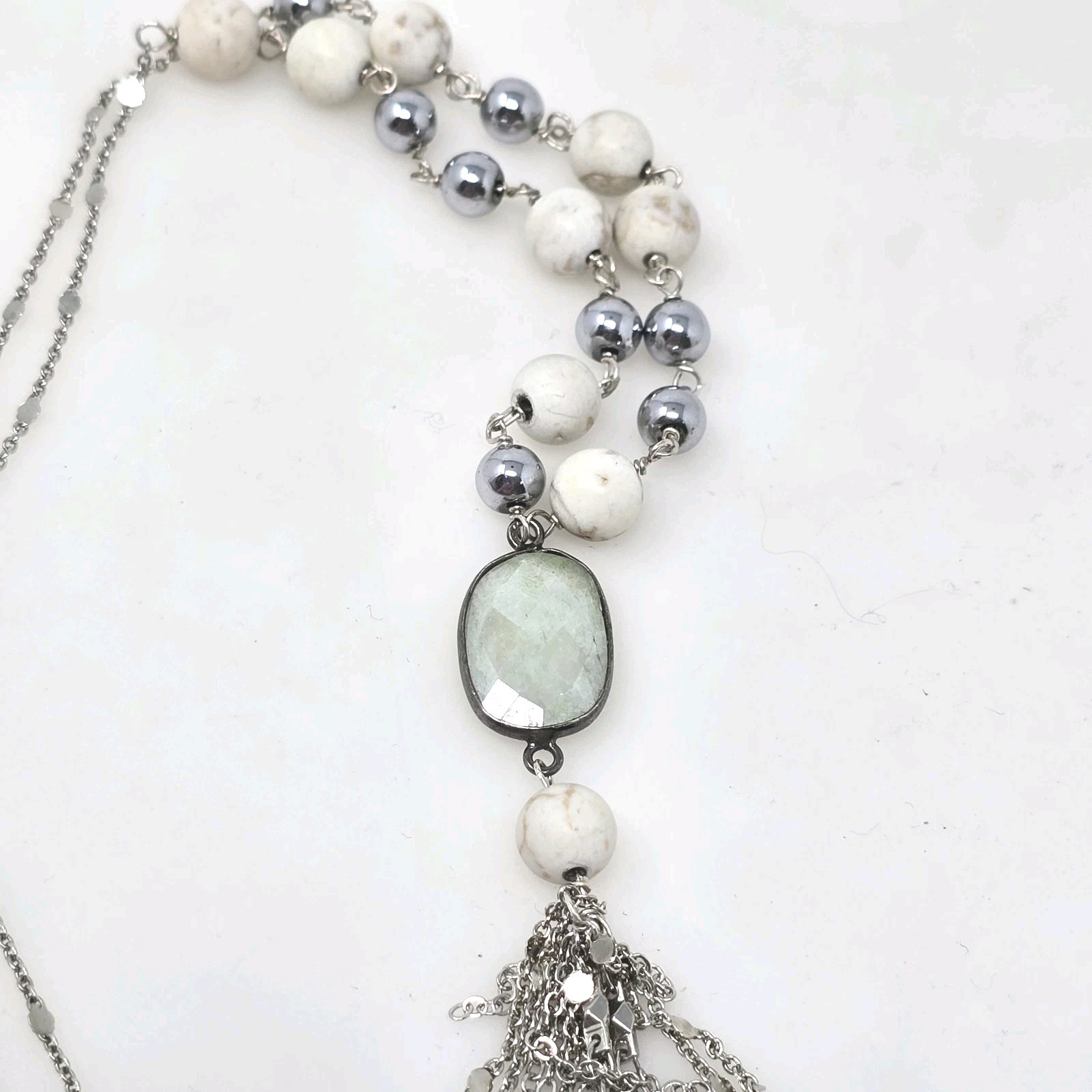 AMJ 34″ Beaded Tassel Necklace Faceted Crystal Pendant Silver Tone Long