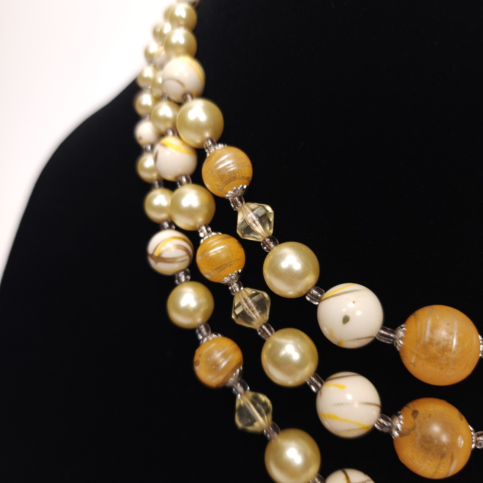 Vintage Beaded Necklace Japan Orange Cream Champagne Swirl Multi Strand Collar