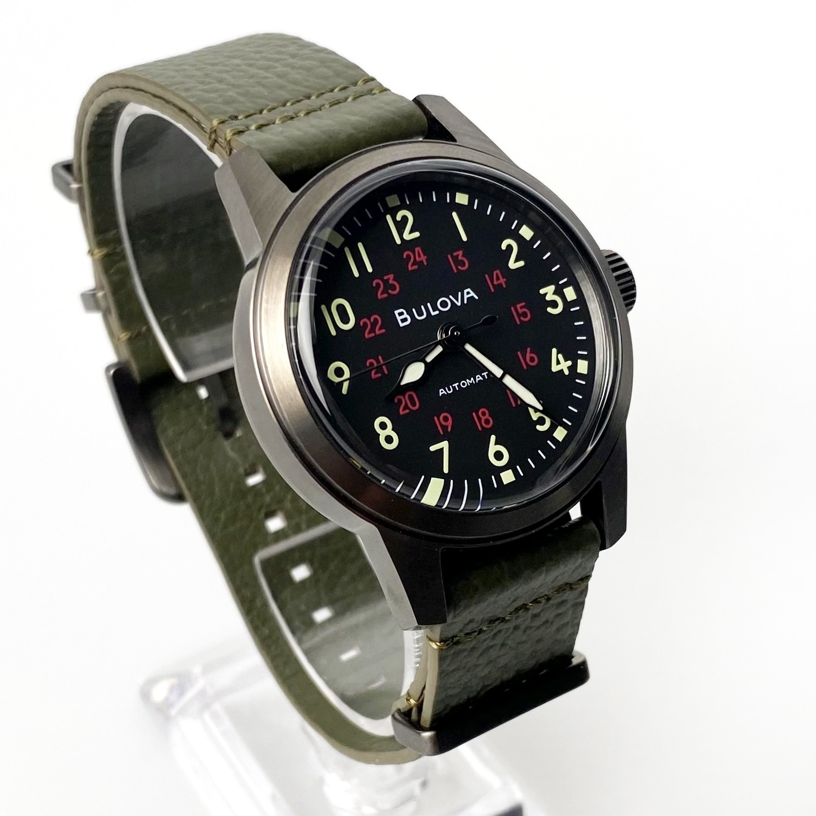Bulova Men’s Watch 98A255 Hack Black Dial Green Leather Strap Automatic Watch