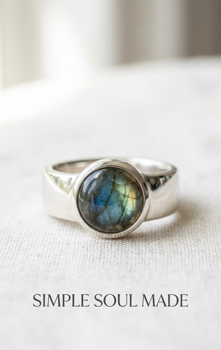 925 Sterling Silver Mens Labradorite Ring Round Bezel Set Wide Band Signet Style