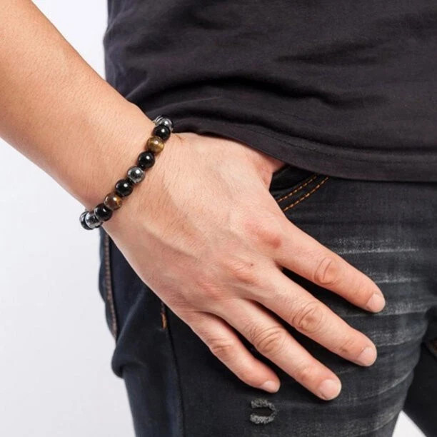 Energy Healing Stretch Bracelet Natural Stone Hematite Tiger Eye for Men Women