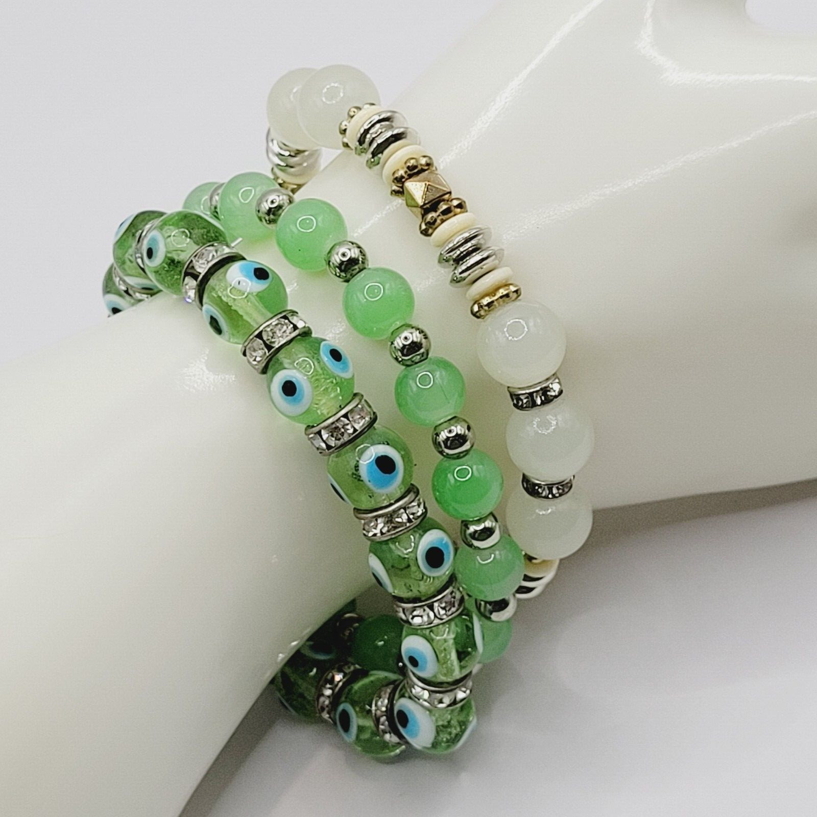 Modern Three Glass Bead w Rhinestone Jade Milky Glass Color Stretch Bracelet Set