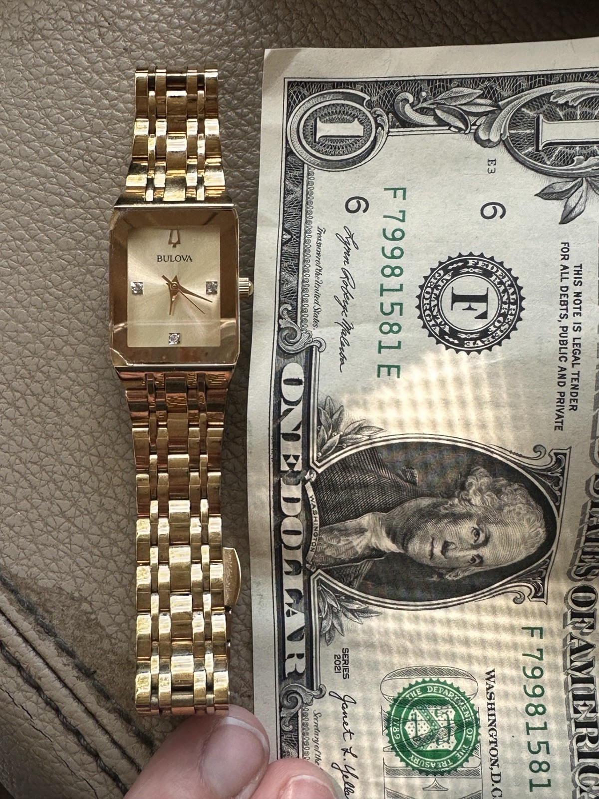 Bulova Quadra Diamond Accent Gold Tone Dial Ladies Watch 97P140 Chipped Crystal