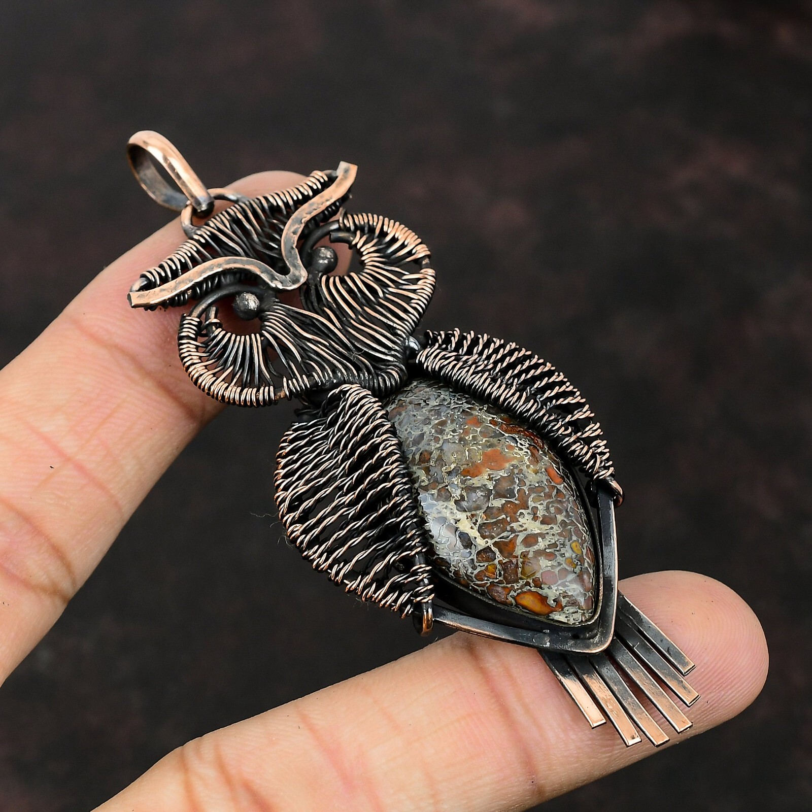 Dinosaur Bone Jewelry Copper Gift For Mother Wire Wrapped Owl Pendant 3.39″