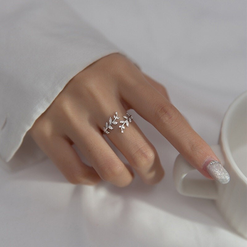 Olive Tree Leaf Branch Open Ring in 925 Sterling Silver