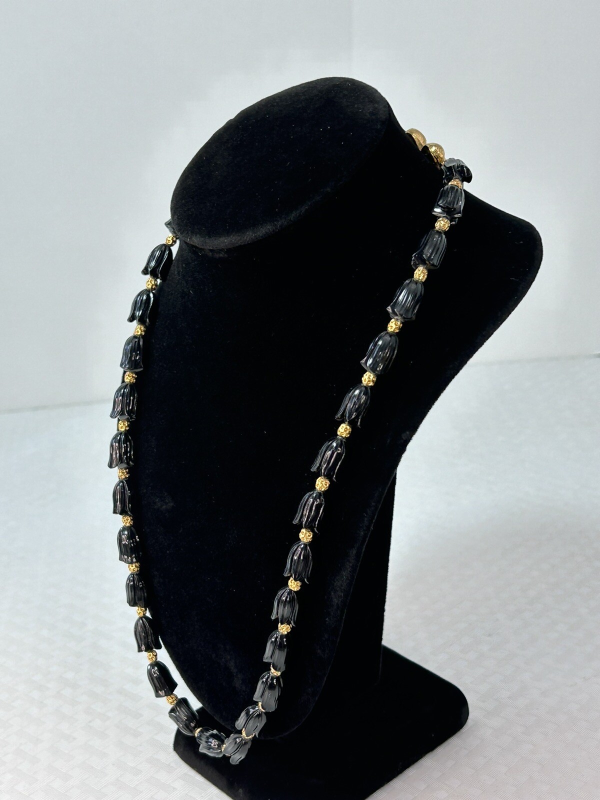 Vintage Black Tulip Shaped & Gold Bead Granny MCM Special Occasion Necklace