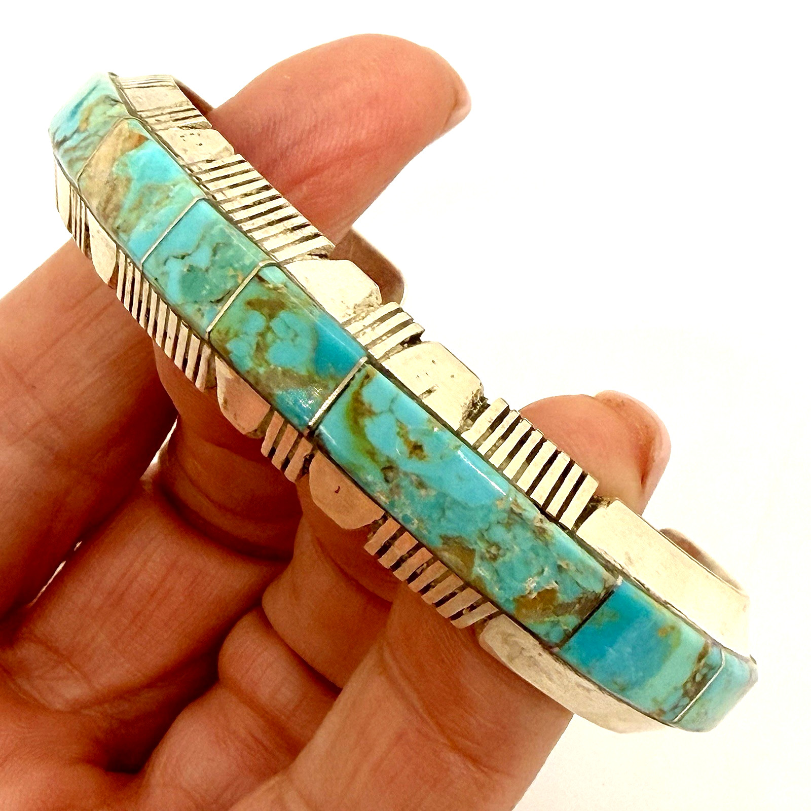 Navajo Sterling Natural Inlay Turquoise Cuff 6.5″ Bracelet 30.8g Signed SF