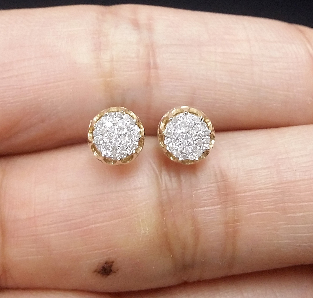 DEAL! 10K Yellow Gold Real Diamond Studs 6.40mm Men’s 3D Pave Earrings 0.15 CTW