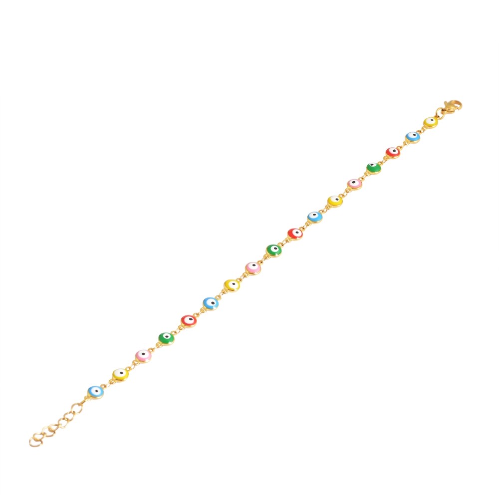 18k Gold Plated Multi-Colored Yellow Blue Red Green Pink Evil Eye Anklet, 9″+ 2″